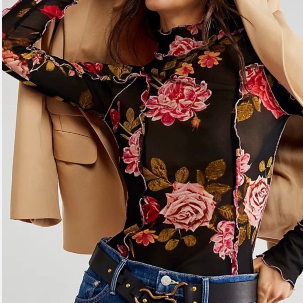 Free people Rose Print Black and Pink Charlie top